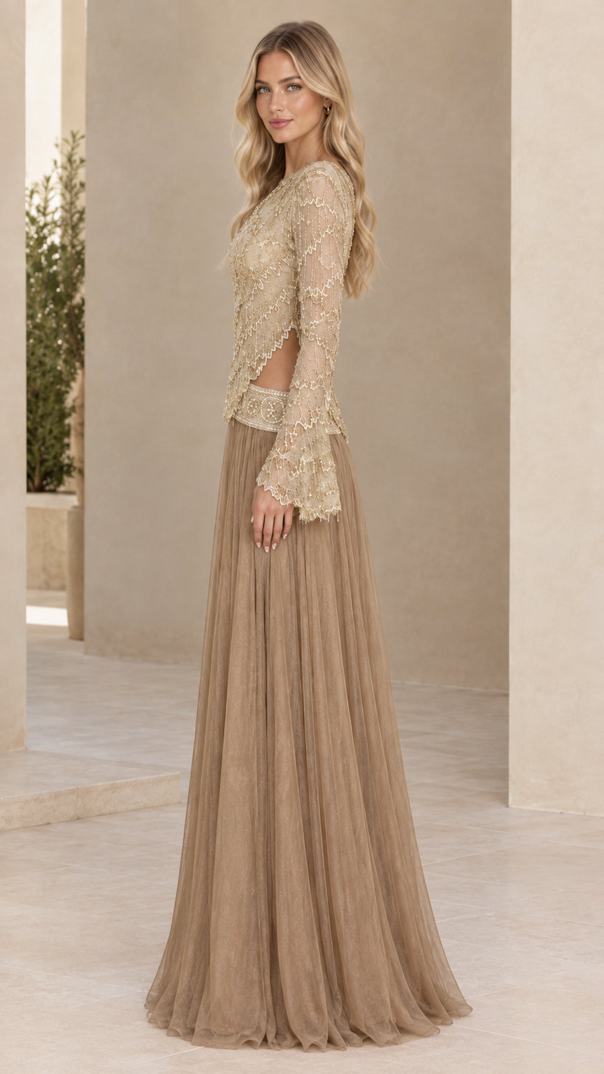 Side profile view of Champagne Gold one-shoulder formal gown with flare sleeve