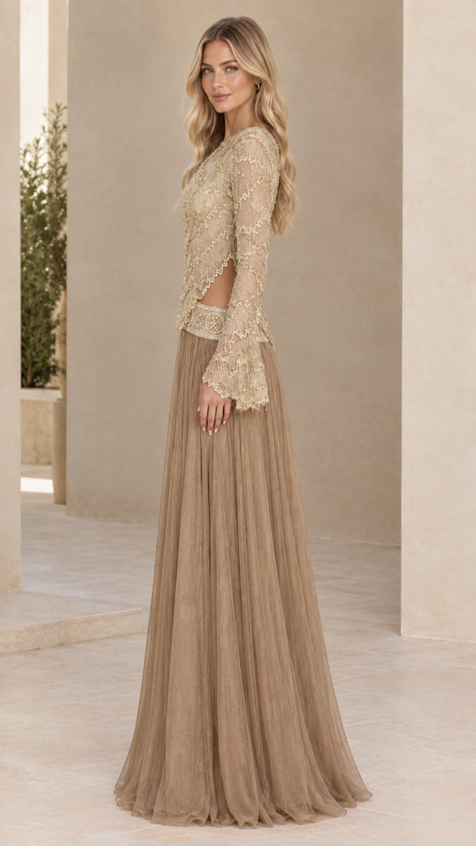 Side profile view of Champagne Gold one-shoulder formal gown with flare sleeve