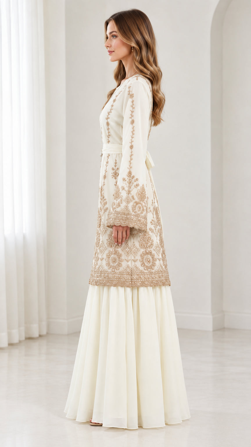 Side full-length profile of ivory embroidered tunic and flowing maxi skirt with tied sash