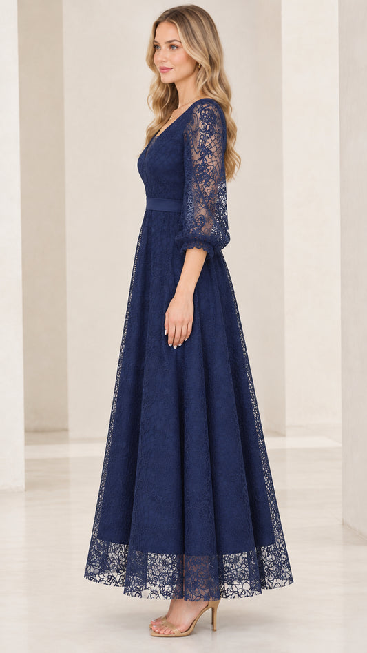 Side view of navy blue lace A-line evening gown