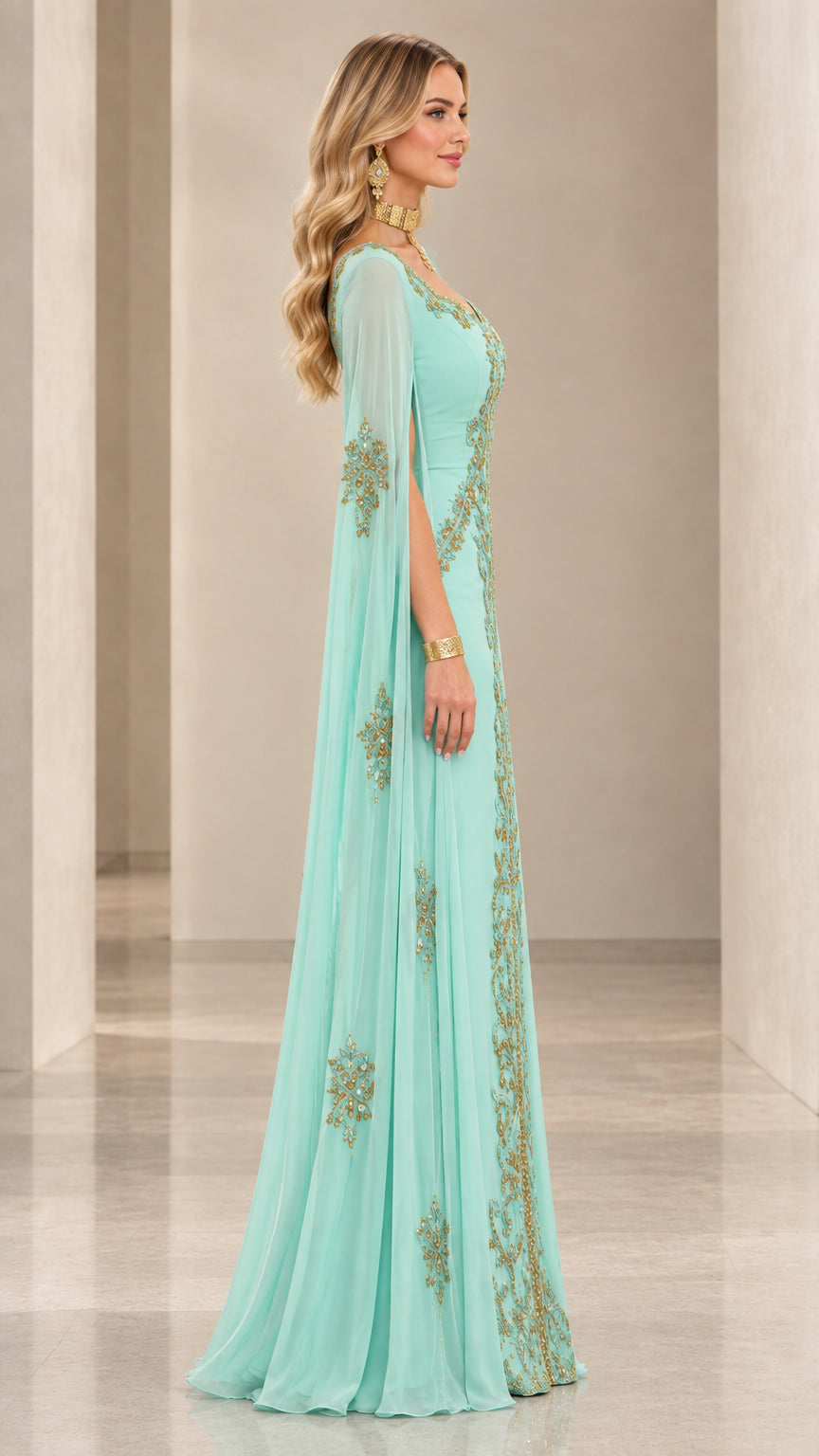 Side profile view of mint green cape sleeve kaftan maxi dress with gold embroidery