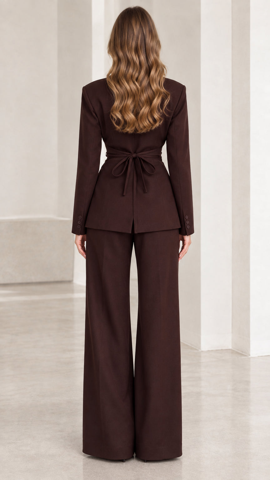 Back view of chocolate brown blazer showing tie-back waist detail and wide-leg pants
