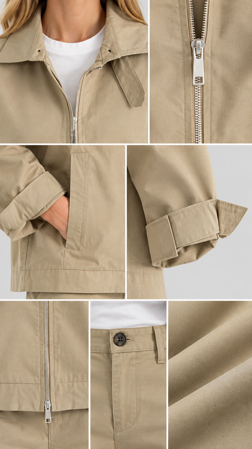 Detailed collage showing zipper, collar, cuff, pocket, and fabric texture in khaki