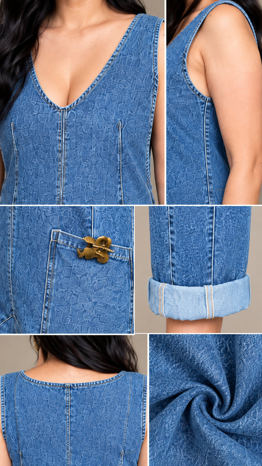 Close-up details of V-neckline, fabric texture, pocket hardware, and folded cuff