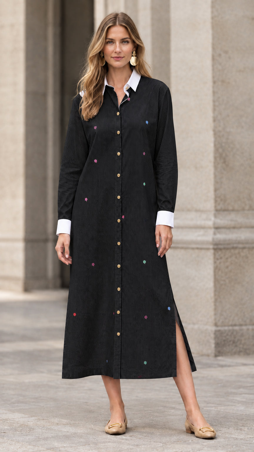 Full-length view of black striped embroidered maxi shirt dress
