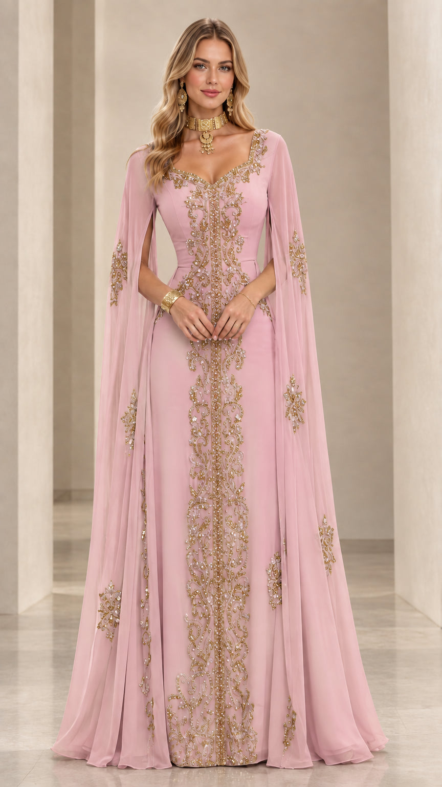 Blush pink formal cape sleeve kaftan maxi dress with gold sequin embroidery