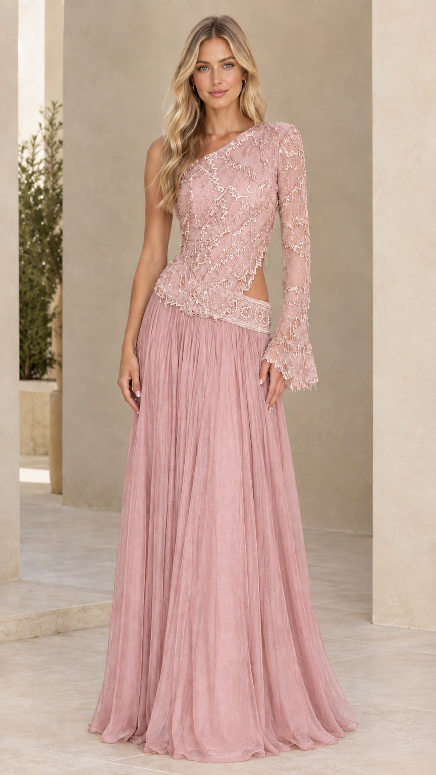 Woman modeling Dusty Rose pink one-shoulder beaded evening dress with flare sleeve