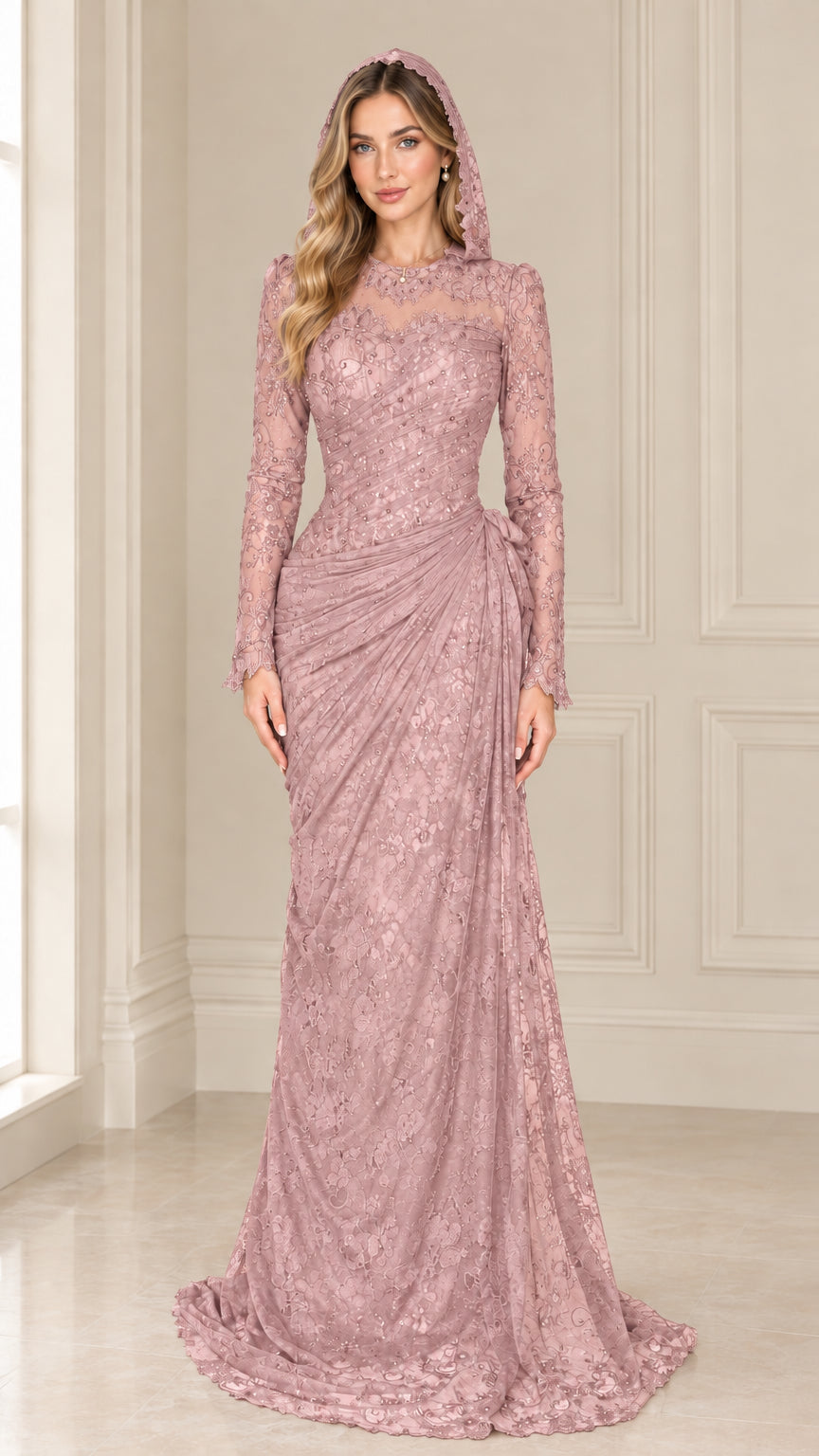 Dusty rose pink long sleeve hooded lace maxi dress