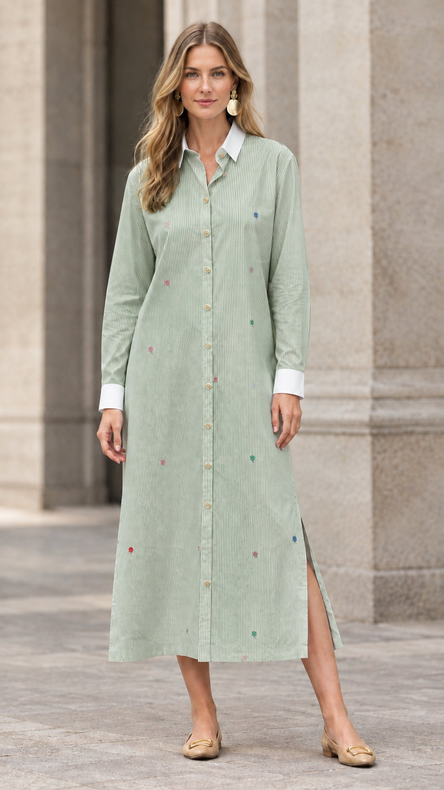 Full-length view of sage green striped embroidered maxi shirt dress