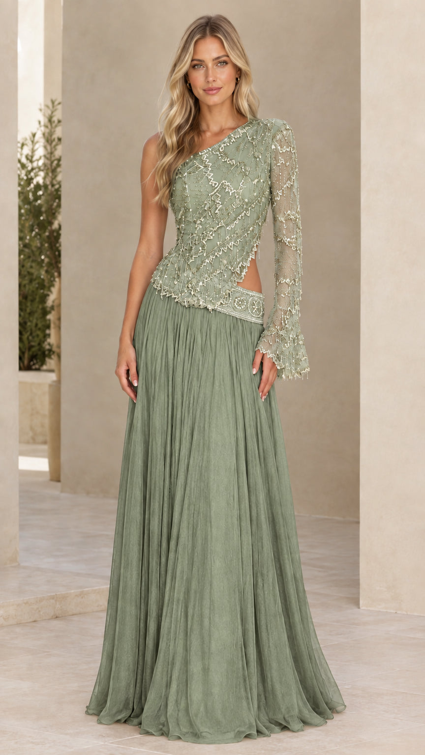 Woman modeling Sage Green one-shoulder formal gown with embellished bodice