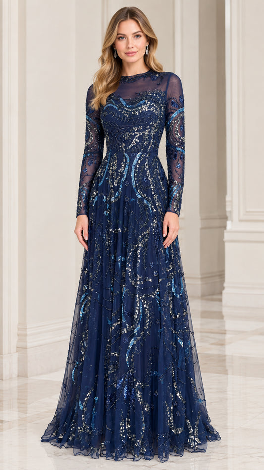 Navy blue long sleeve sequin embellished A-line evening gown front view