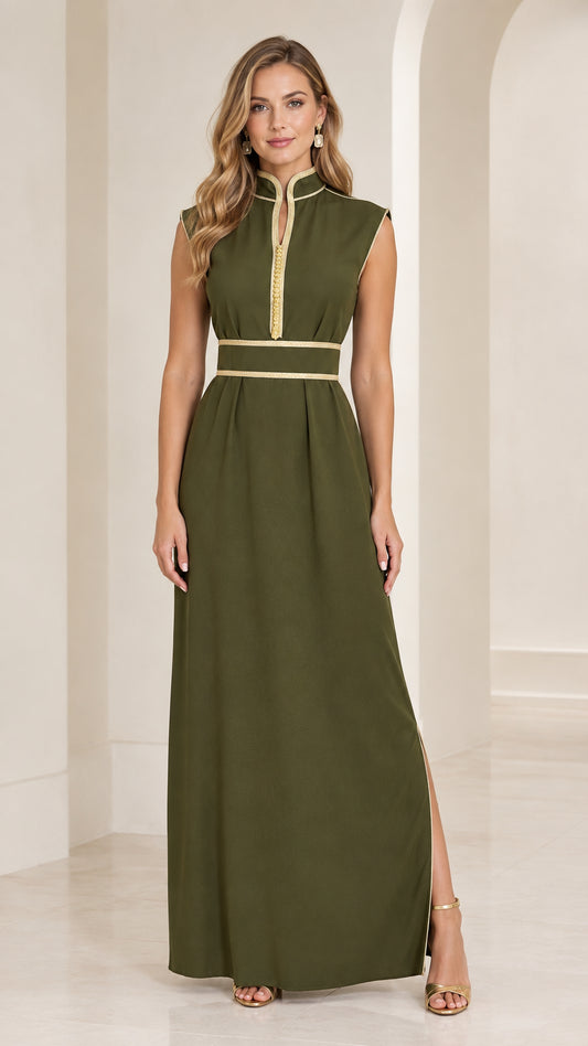 Front view of woman wearing olive green sleeveless mandarin collar maxi dress with gold braid trim