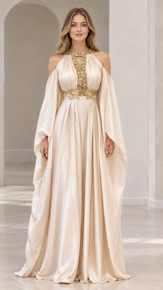 Champagne halter cold-shoulder cape evening gown with gold embroidery, front view