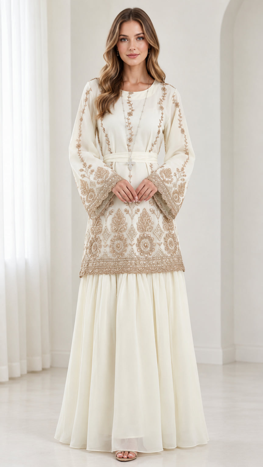 Front full-length view of model wearing ivory embroidered long-sleeve tunic and matching maxi skirt set