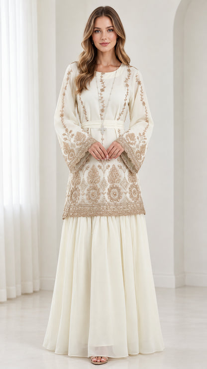 Front full-length view of model wearing ivory embroidered long-sleeve tunic and matching maxi skirt set
