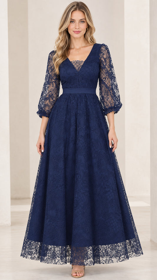 Front view of woman wearing navy blue floral lace maxi dress with 3/4 sleeves