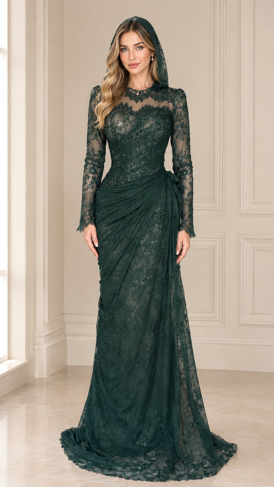 Front full view of emerald green hooded long sleeve lace evening gown