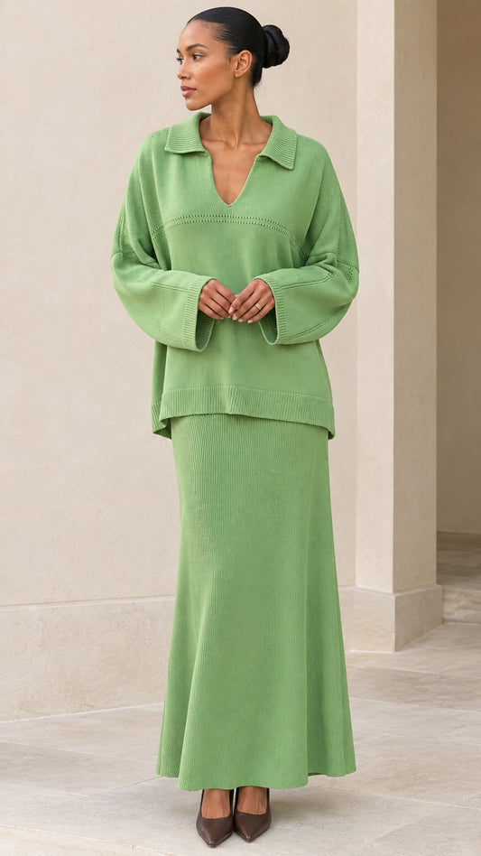 Front full view of model wearing Sage Green polo sweater and maxi knit skirt set