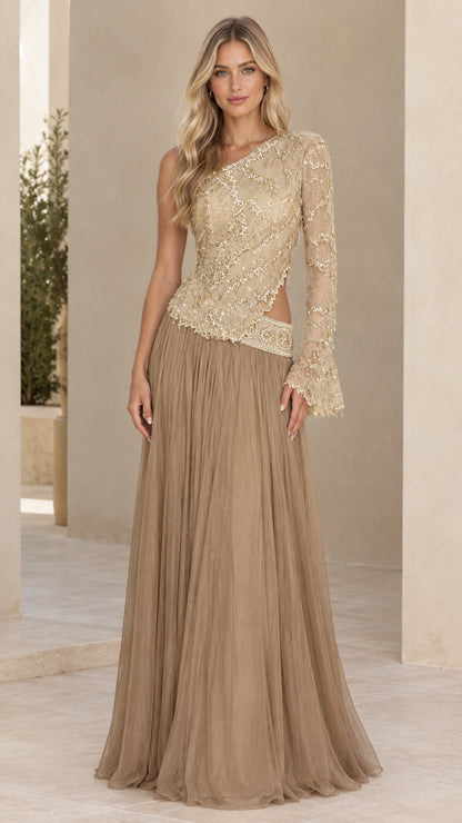 Front view of woman wearing Champagne Gold one-shoulder beaded evening gown with cutout