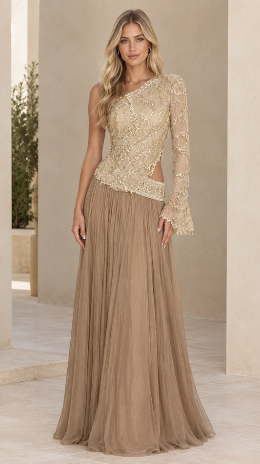 Front view of woman wearing Champagne Gold one-shoulder beaded evening gown with cutout