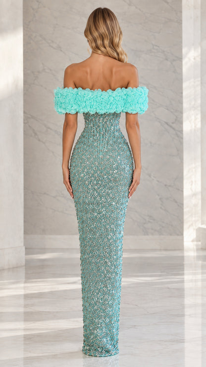 Back view of aqua blue off-the-shoulder sequin formal dress