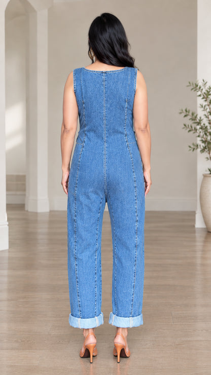 Back view of model wearing denim blue sleeveless casual jumpsuit
