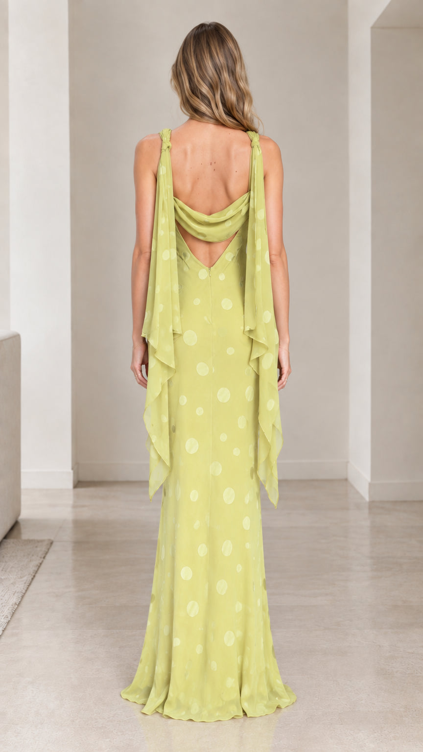 Back view of chartreuse cowl back maxi dress with shoulder streamers