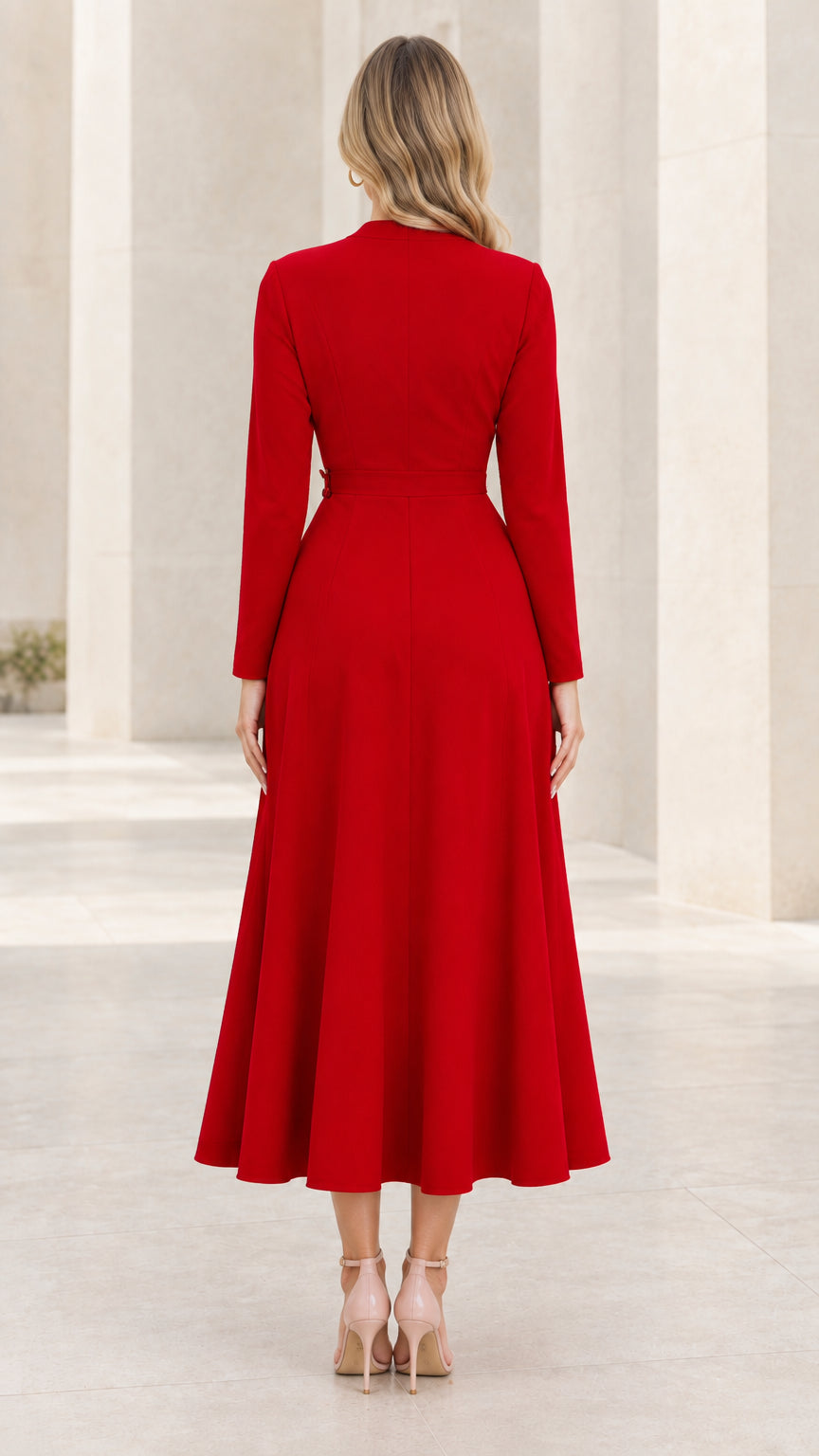 Back view of woman wearing tailored red long sleeve midi dress
