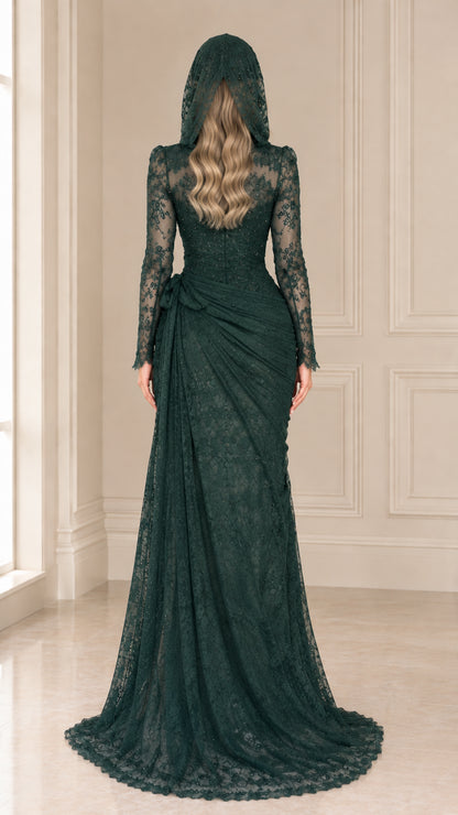 Back view of emerald green hooded lace evening gown showing train