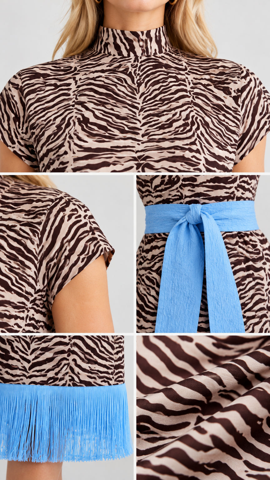Close-up detail collage showing mock neckline, cap sleeve, blue waist tie, and fringe hem