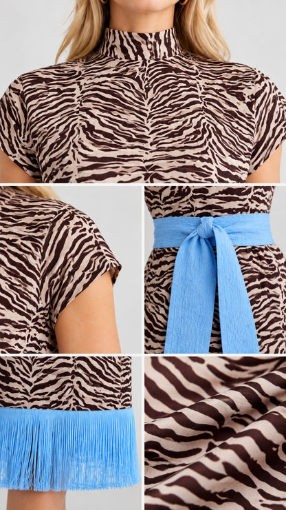 Close-up detail collage showing mock neckline, cap sleeve, blue waist tie, and fringe hem