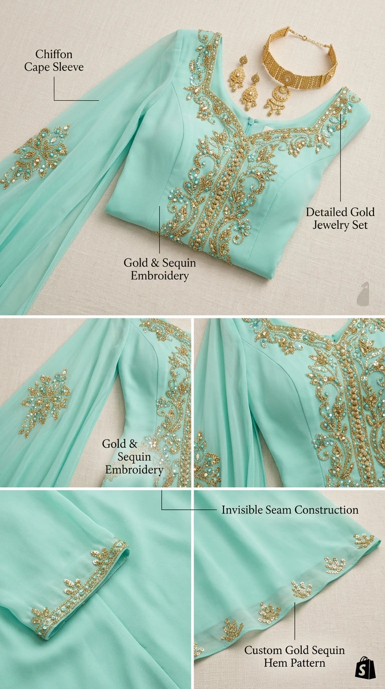 Close-up details of mint green dress showing gold sequin embroidery, neckline, and cape sleeves