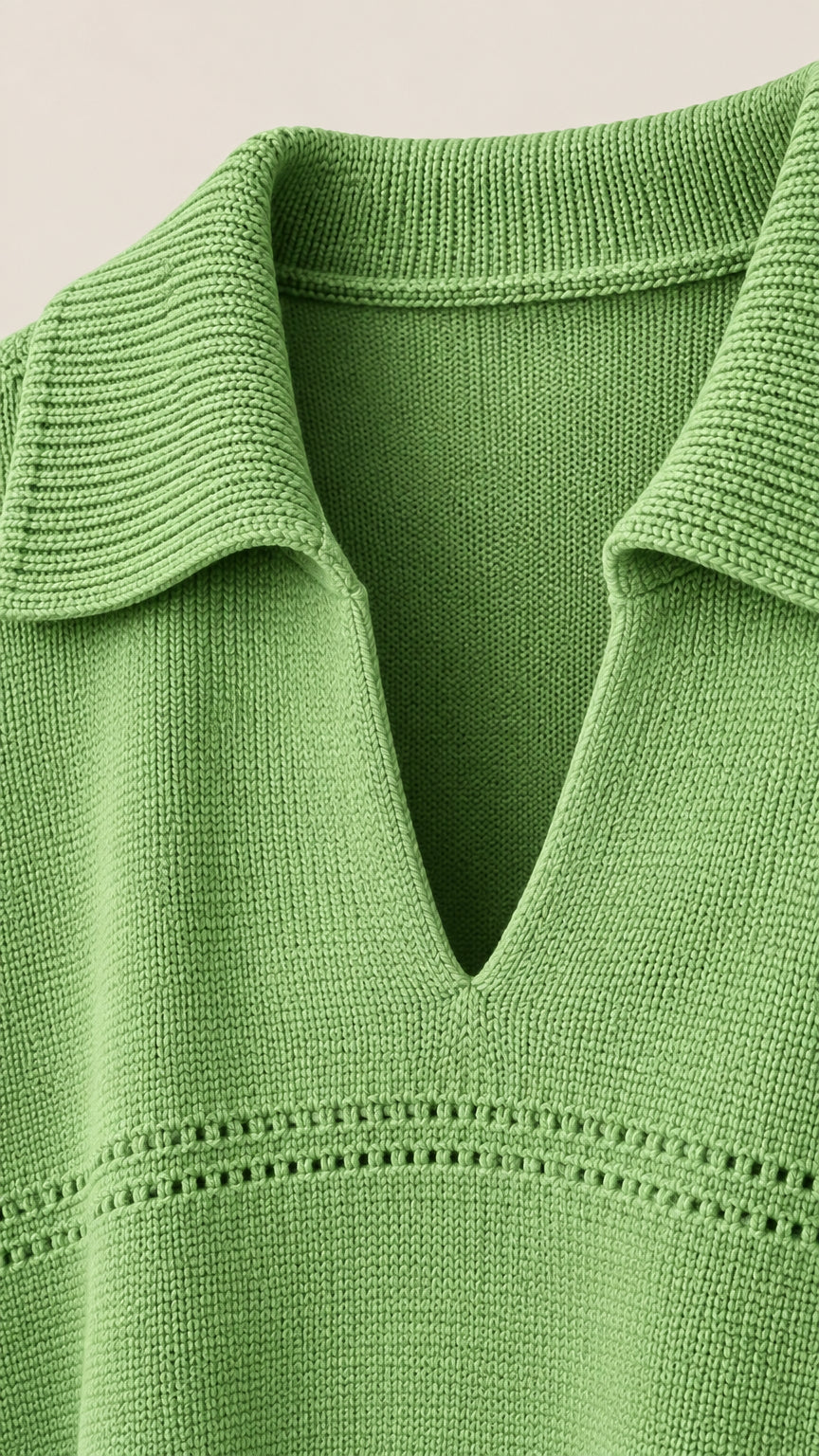 Close-up detail of Sage Green knit collar and open V-neck pointelle stitching
