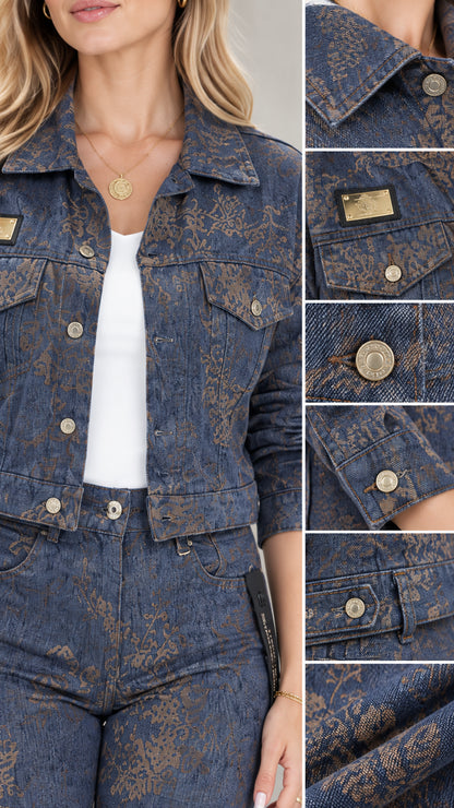 Close-up details of collar, buttons, pockets, and textured floral fabric on Denim Blue jacket set