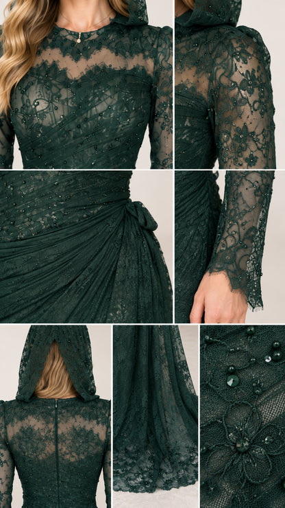 Close-up details of lace neckline, beaded embroidery, and sheer long sleeves