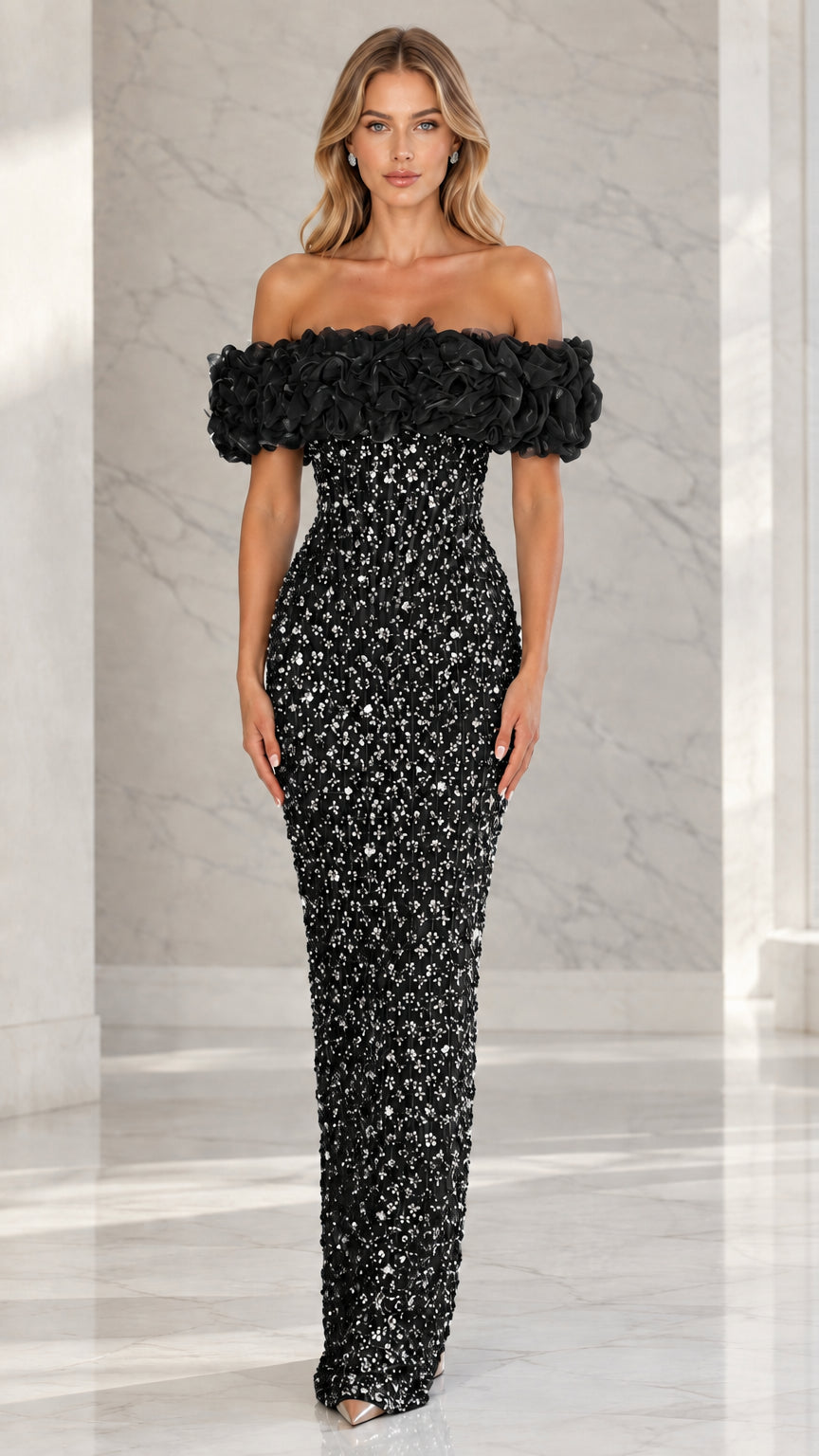 Full front view of black off-the-shoulder embellished column evening gown