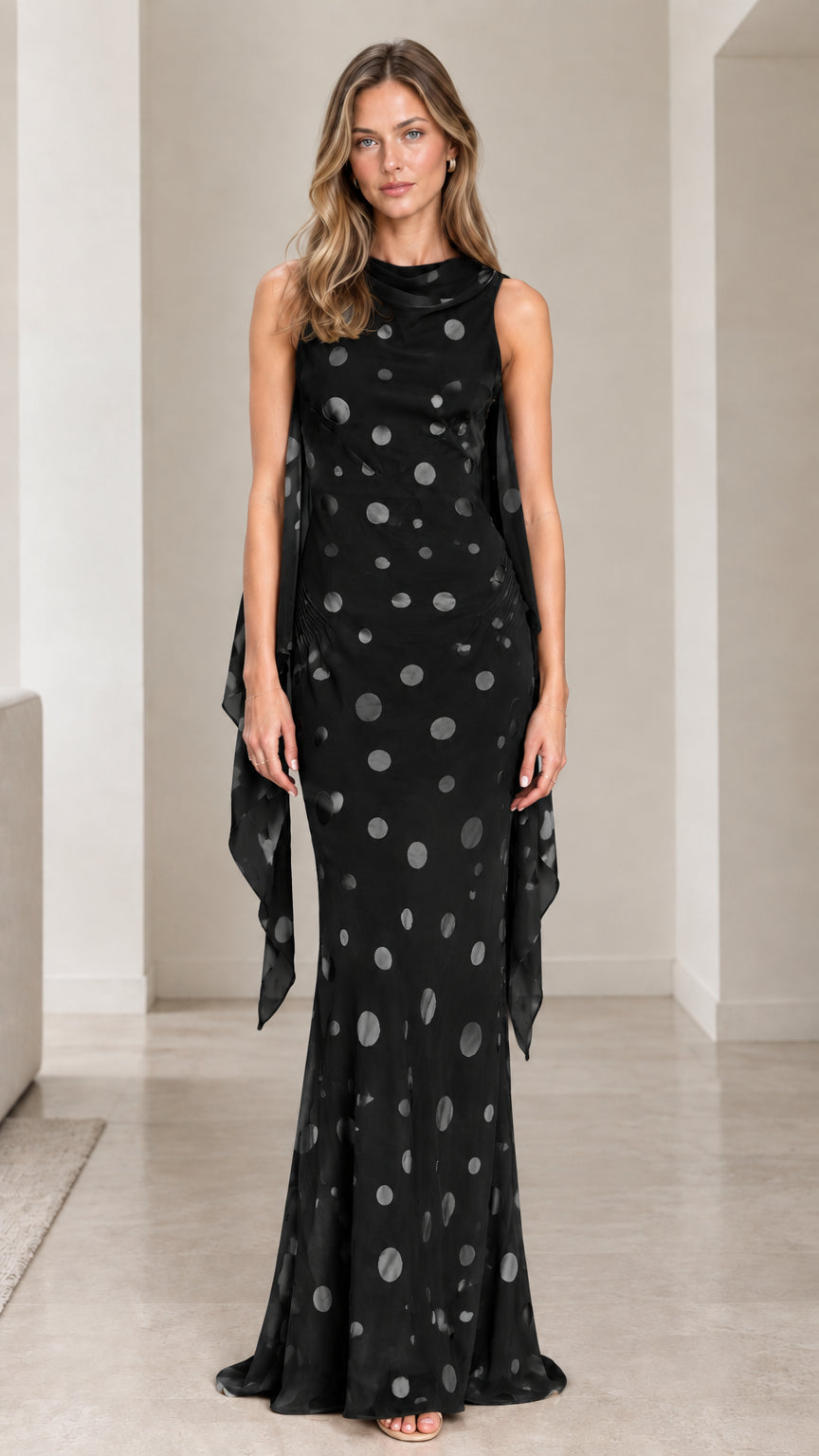 Black sleeveless polka dot evening maxi dress front view