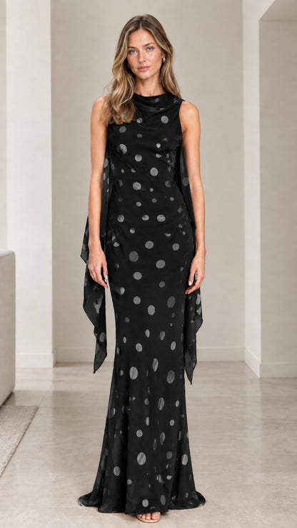 Black sleeveless polka dot evening maxi dress front view