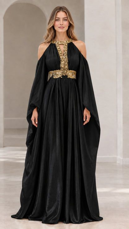 Black cape sleeve cold-shoulder evening gown with gold embroidery