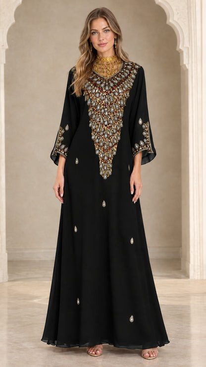 Front full view of black crystal embellished kaftan evening maxi dress