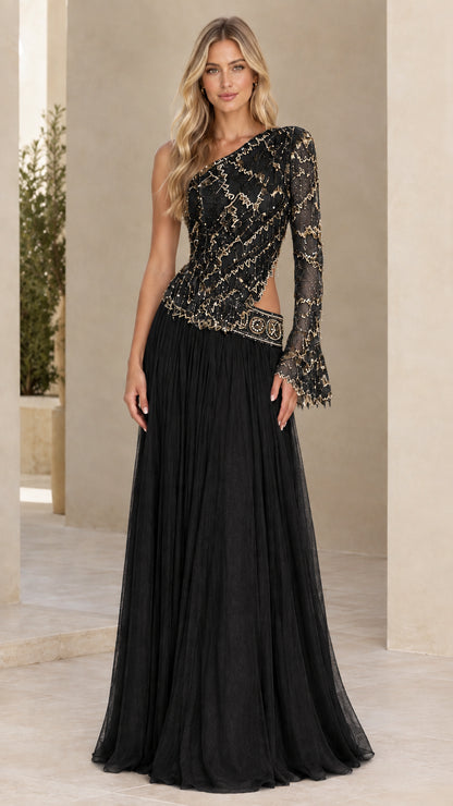 Woman modeling Black one-shoulder embellished cutout formal maxi gown
