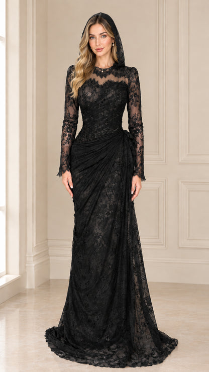 Black long sleeve hooded floral lace formal evening gown