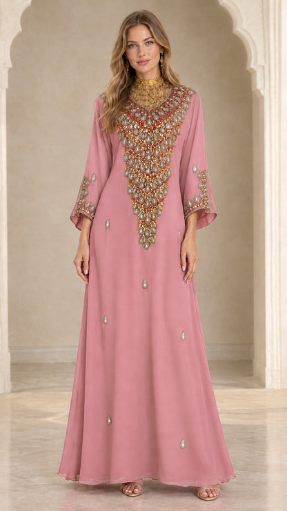 Front full view of dusty pink beaded kaftan floor-length dress