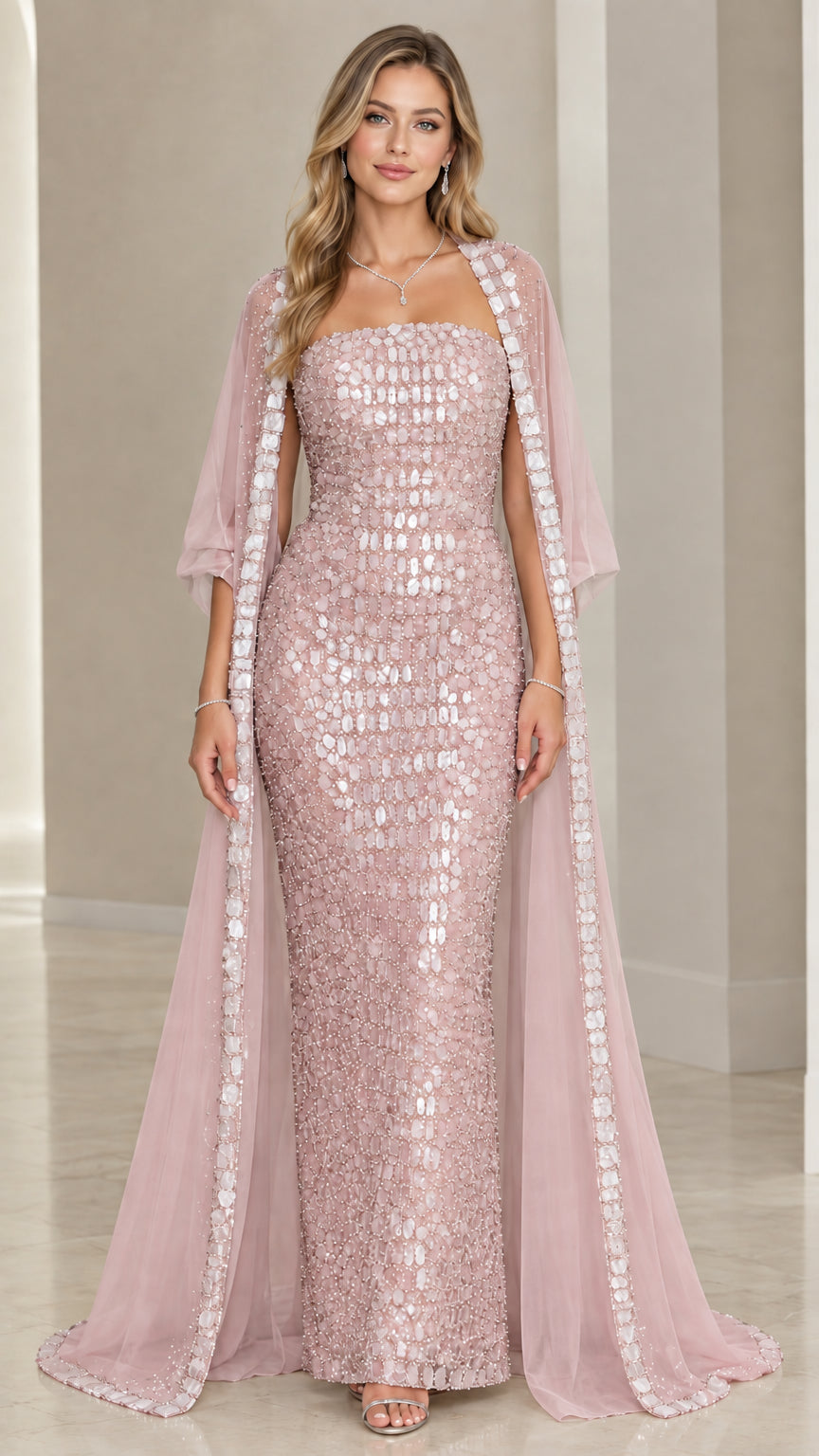 Dusty rose sequin strapless column maxi gown with matching blush cape