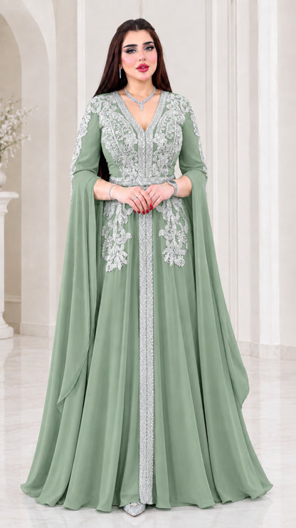 Sage green embroidered cape sleeve kaftan maxi dress