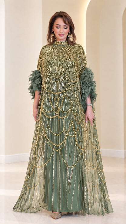 Sage green beaded cape evening maxi dress with feather cuffs