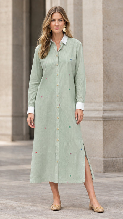 Full-length view of sage green striped embroidered maxi shirt dress