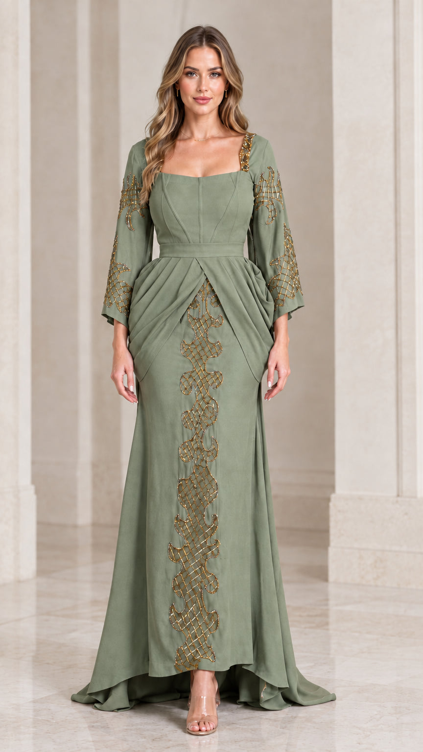 Front view of sage green long sleeve formal evening gown with beaded embroidery