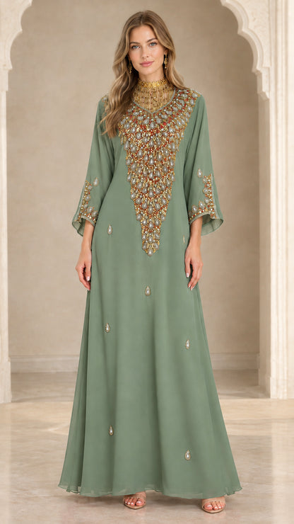 Front full view of sage green embellished kaftan gown