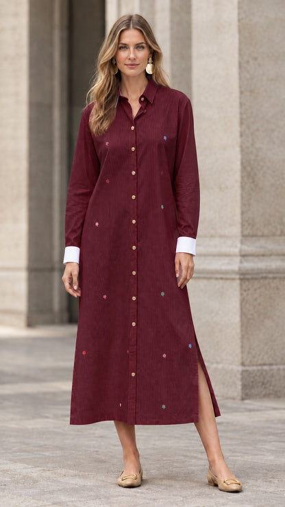 Full-length view of burgundy striped embroidered maxi shirt dress